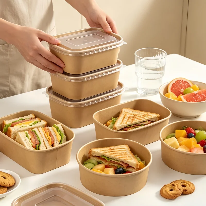 Round/Rectangle Kraft Paper Bowl With Lid Lunch Box Disposable Takeaway Meal Box Salad Bowl Disposable Food Container Tool