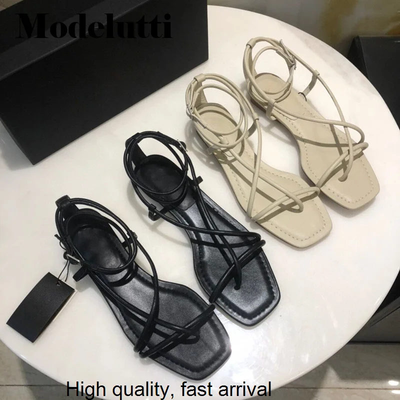 Spring 2023 New Summer Fashion Genuine Leather Thin Belt Straps Flat Sandals Women Solid Simple Casual Shoes Female