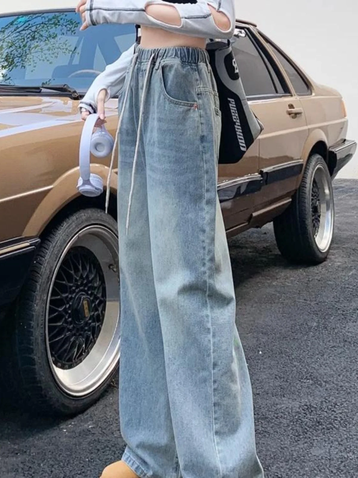 Retro Elastic Waist Drawstring Denim Jeans Women's Spring Autumn Style High Waist Slimming Student Straight Leg Wide Leg Pants
