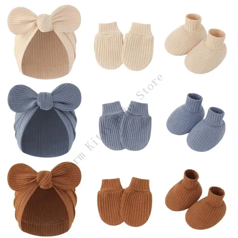 

Knitted Ribbed Baby Girls Bow Fetal Hat with Anti Scratch Mittens and Foot Covers Set For 0-3 Months Baby Boy Cap Gloves
