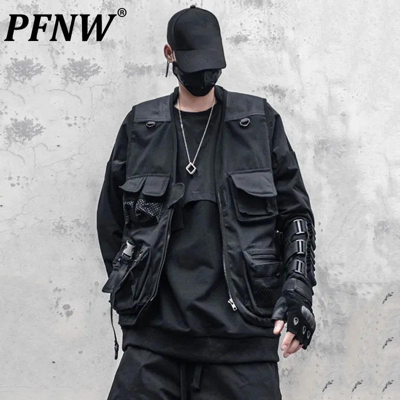 

PFNW Dark Desige мужские майки с несколькими карманами однотонная одежда без рукавов в стиле пэчворк с v-образным вырезом мужской жилет функциональный 12C640
