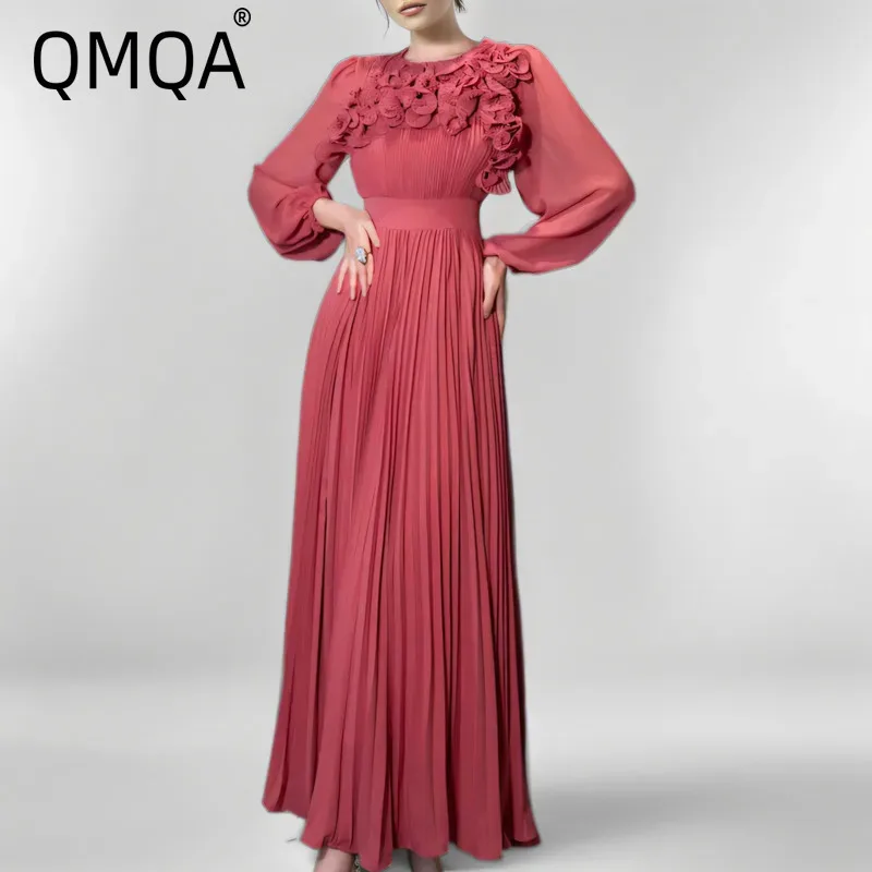 QMQA Fashion Women's Elegant Pleated Dresses Spliced Appliques Lantern Long Sleeve Large Swing Dress Autumn New Clothing 1A733