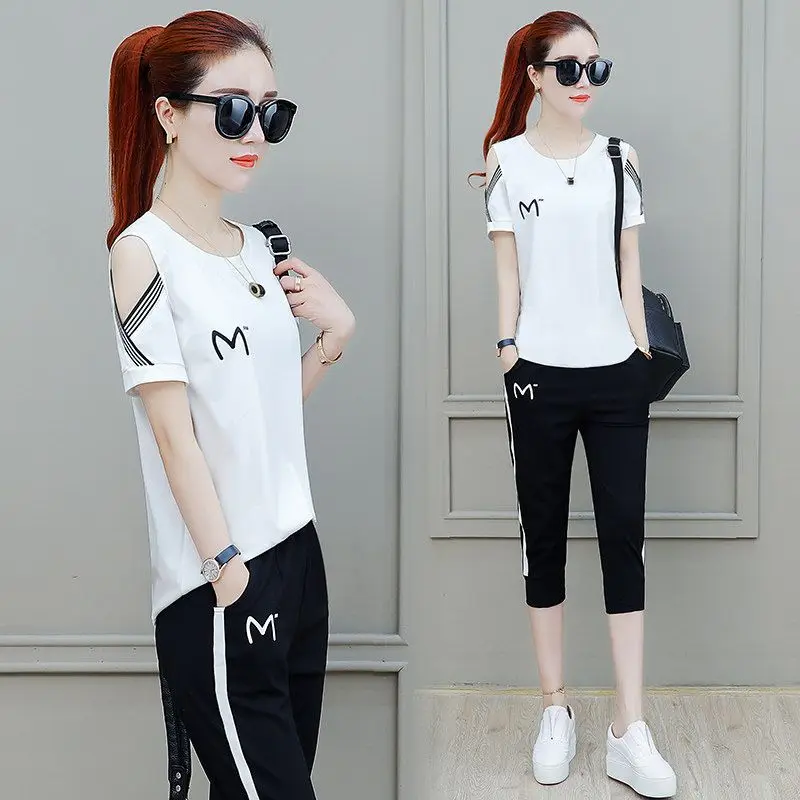 Women\'s Summer Casual Korean Short Suit 2024 New Loose Sports Clothes Sleeve T-shirt Capris Pencil Pants Two Piece Set For Women