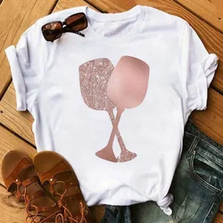 Women T-Shirt Rose Gold Wine Glasses Print White T-Shirt Casual Ladies Tshirt Fashion T Shirt Female Camisetas