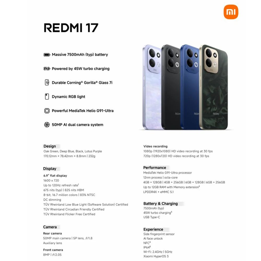Versión Global Redmi 17 4G NFC, Teléfono Móvil con Pantalla AMOLED FHD de 6.9 Pulgadas con Protección Ocular, Potente Snapdragon 6s 4G Gen 2, Batería de 7700 mAh 3