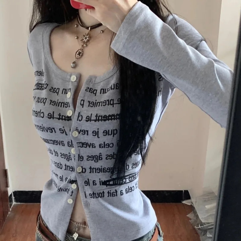 Deeptown Y2k Vintage Long Sleeve T-shirts Woman Korean Style Cropped Knit Cardigans Gyaru Casual O-neck Tops 2000s Letter Print