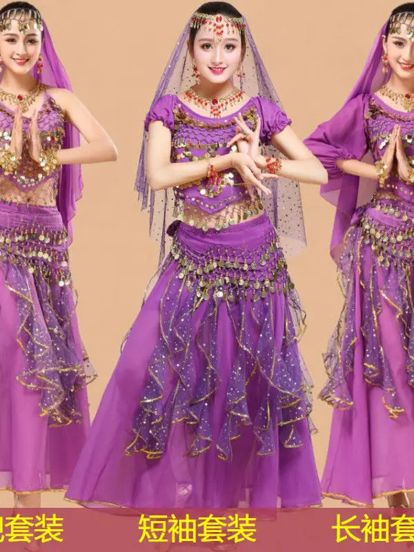 Bollywood Dress Adult Costume Women Indian Dance Belly Dance Sari Clothing Dance Performance Clothes Chiffon Skirt Set One Size