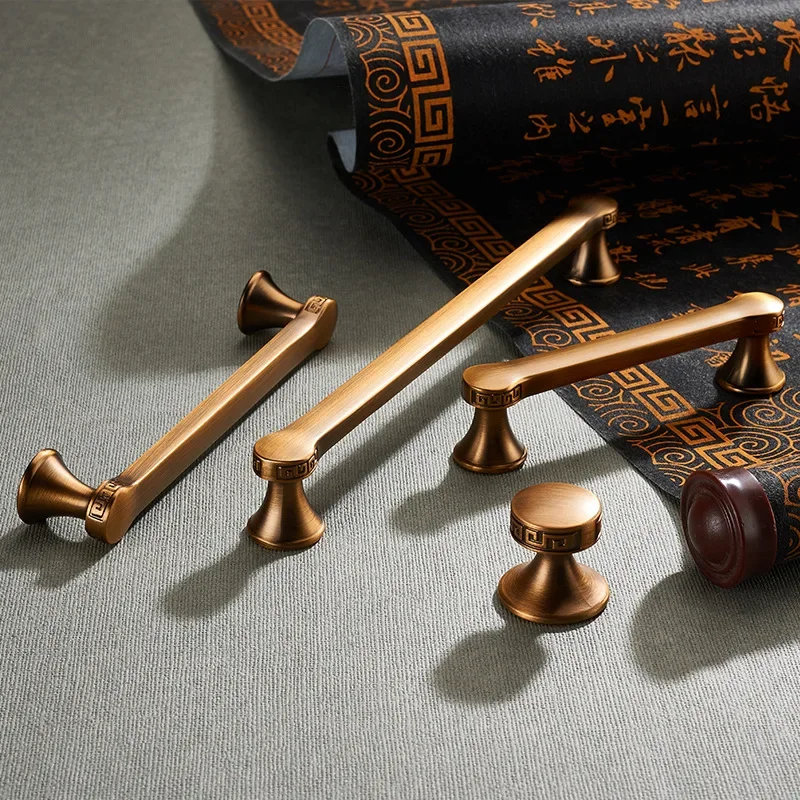 Chinese-Style Antique Copper Color Drawer Handles Pull for Cabinet and Wardrobe, Traditional Brass Cabinet Pulls