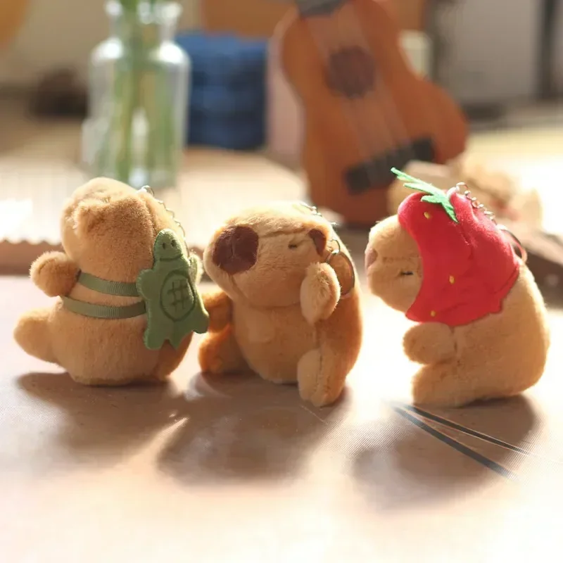 Strawberry Hat Capybara Plush Toy Simulation Turtle Backpack Capibara Stuffed Animals Toys Keychain Papa Hand Circle Ring Doll