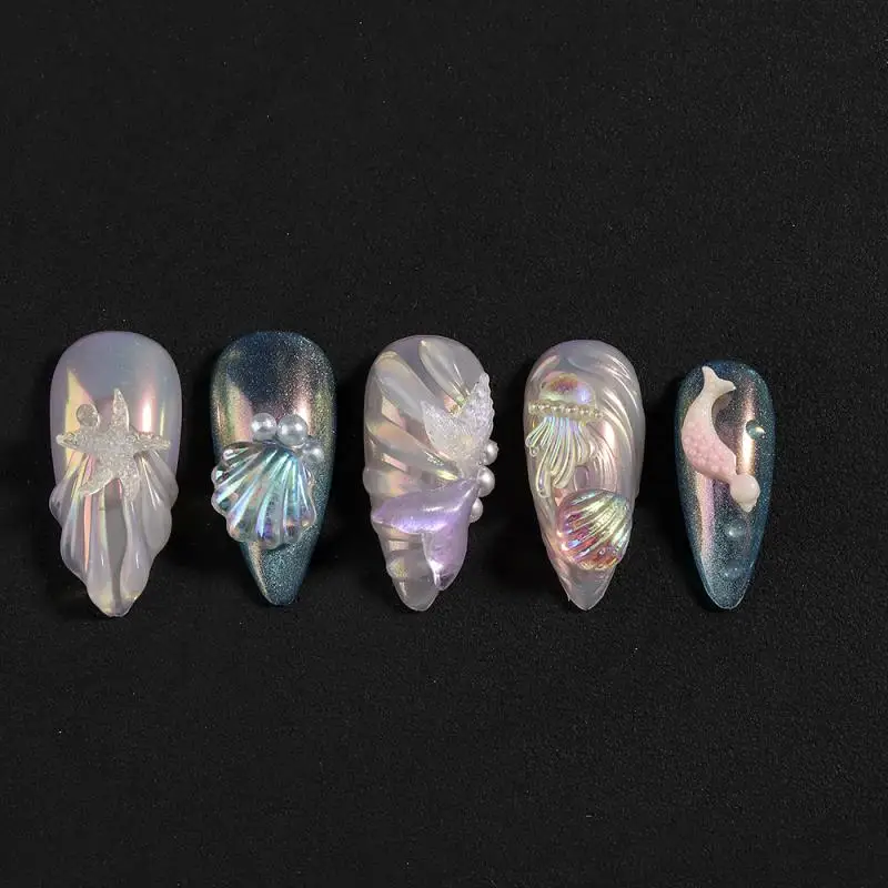 Serie de criaturas, dijes para uñas DIY, concha de medusa de varios estilos, decoraciones artísticas para uñas, cola de pez translúcida, estrella de mar marina