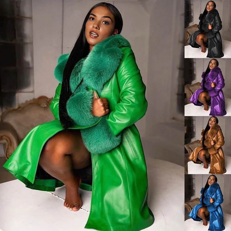 

Women Pu Leather Coat Fur Collar Winter Coat Fashion Lapel Long Sleeve Casual Jackets Slim Long Coat Jacket Europe and America