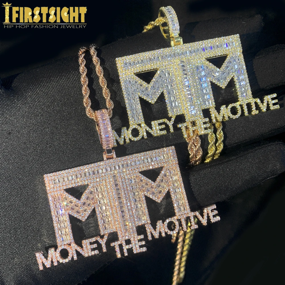 New Iced Out The Money Motive Pendant Necklace Two Tone Color 5A Zircon Bling Letters Charm Necklaces Men's Hip Hop Jewelry