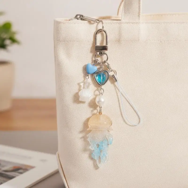 Stylish Ocean Jellyfish Pendant Keychain Solid Metal Bag Phone Charm for Travel Luggage Decor