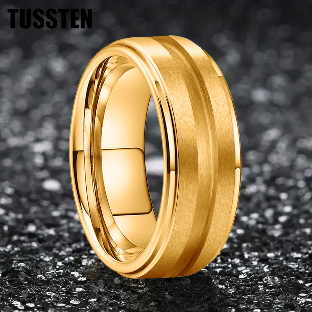 Dropshipping TUSSTEN 8MM Stepped Center 2MM Groove Gold-Plating Tungsten for Customized Inlay Comfortable Fit