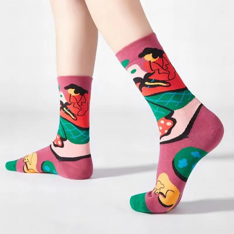 Vintage Art Socks Graffiti Women Personalized Fashion Colorful Socks Creative Trend Cotton Cute Cartoon Retro Funny Socks 5 Pair