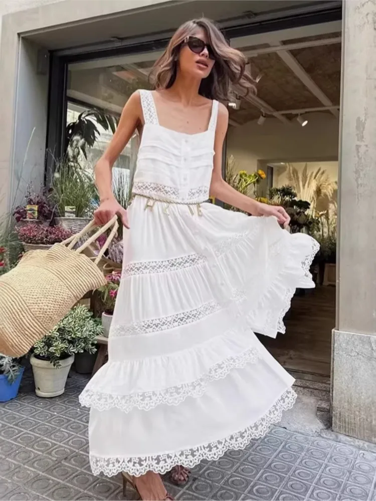 Dresses 2026 Woman Bohemian Lace A-line Dress Casual Evening Dress Vacation Solid Color See Through Lace Patchwork Sleeveless
