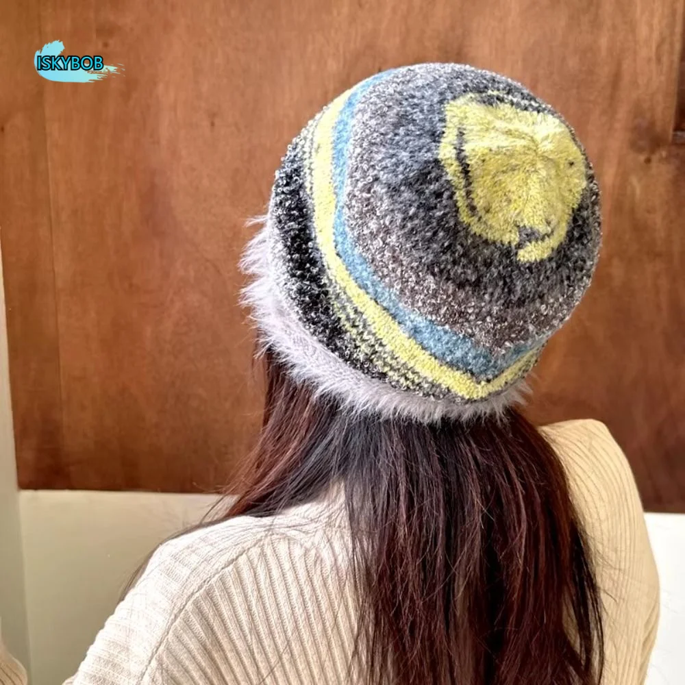 

Vintage Korean Y2k Striped Hat Autumn Winter Casual Slouchy Woolen Hat Warm Baggy Women Beanie Hat Girls