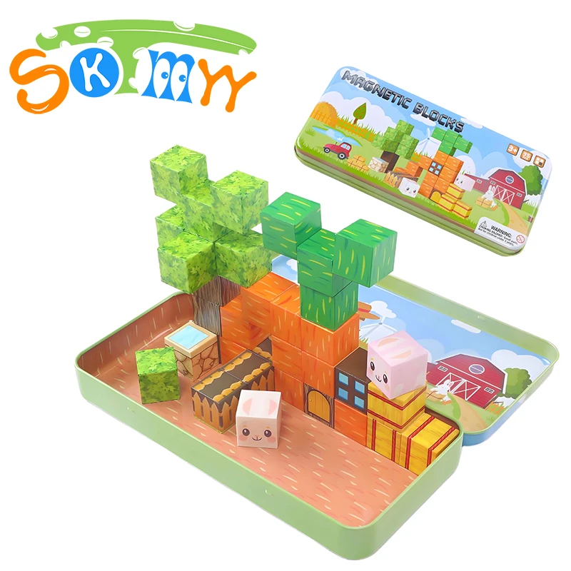 

35PCS Carrot Theme Magnetic Building Blocks Magnet Cubes with Portable Iron Box STEM Sensory Travel Toys for Kids Christmas Gift