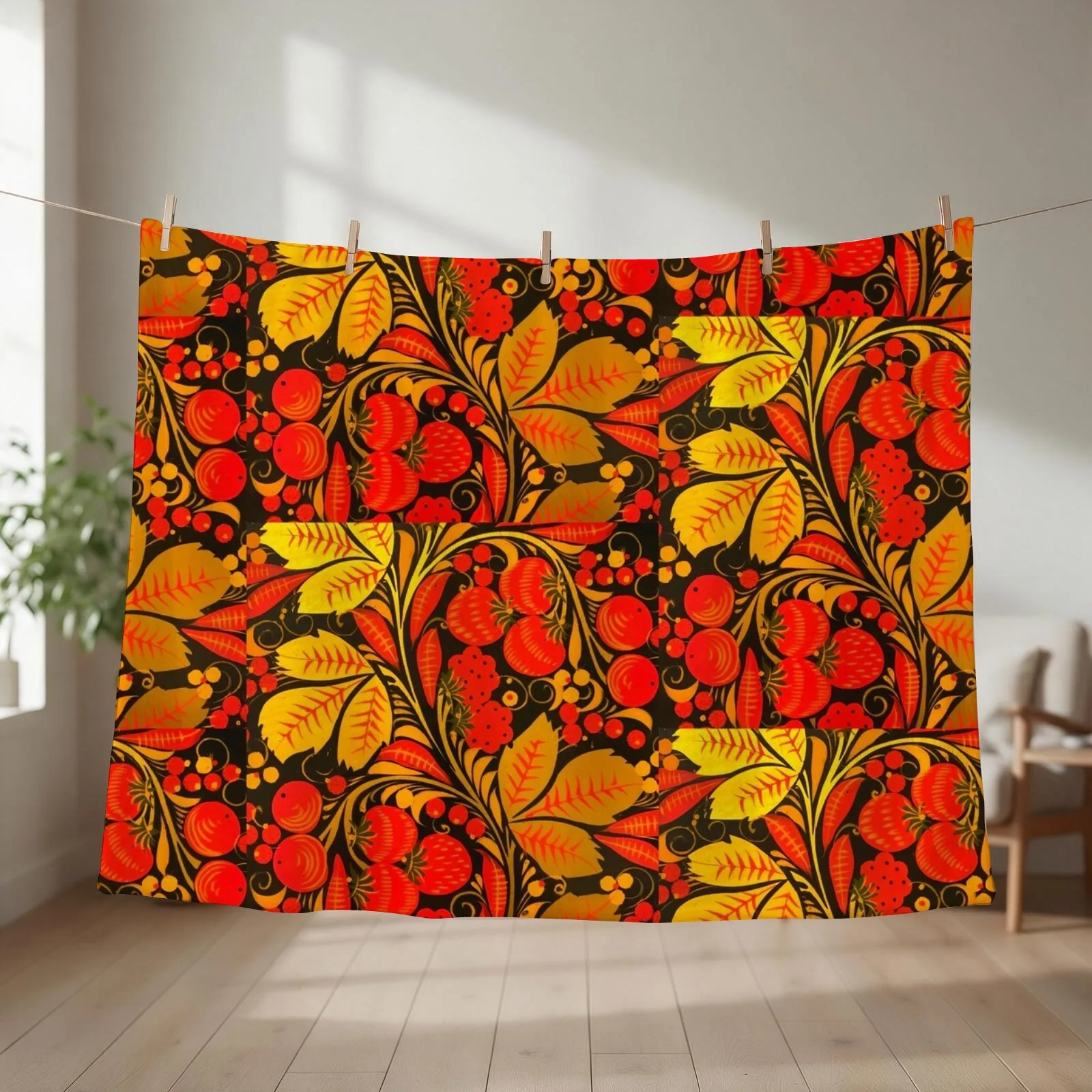 Traditional Russian Khokhloma Berries Throw Blanket couch cozy soft plush fuzzy picnic outdoor blanket