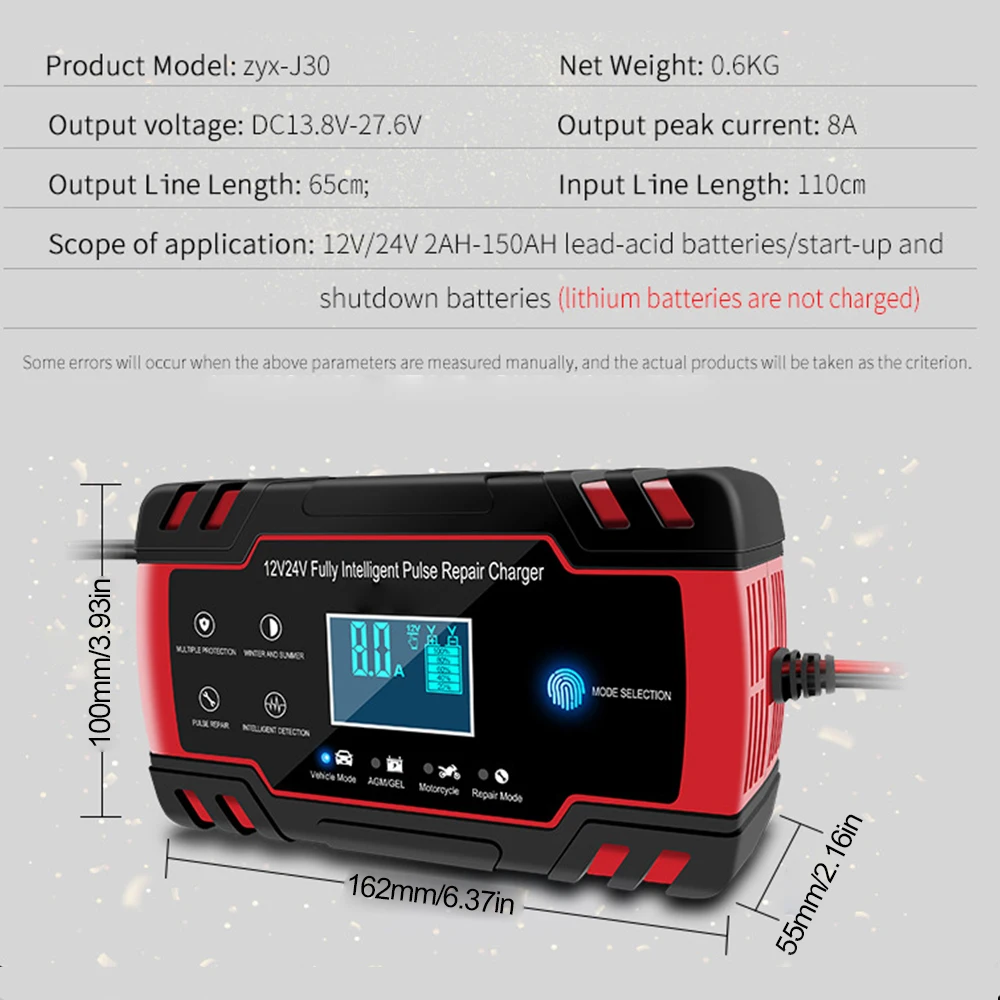 12V 8A 24V 4A Smart Auto Pulse Repair Charger LCD Display Car Battery Chargers Power Puls Repair Chargers Wet Dry Lead Acid