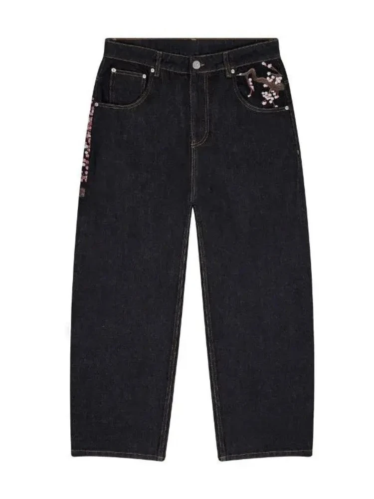 

HOUZHOU Y2k Vintage Plum Blossom Embroidery Women Jeans Harajuku Wide Leg American Style Denim Pants Baggy Hip Hop Streetwear