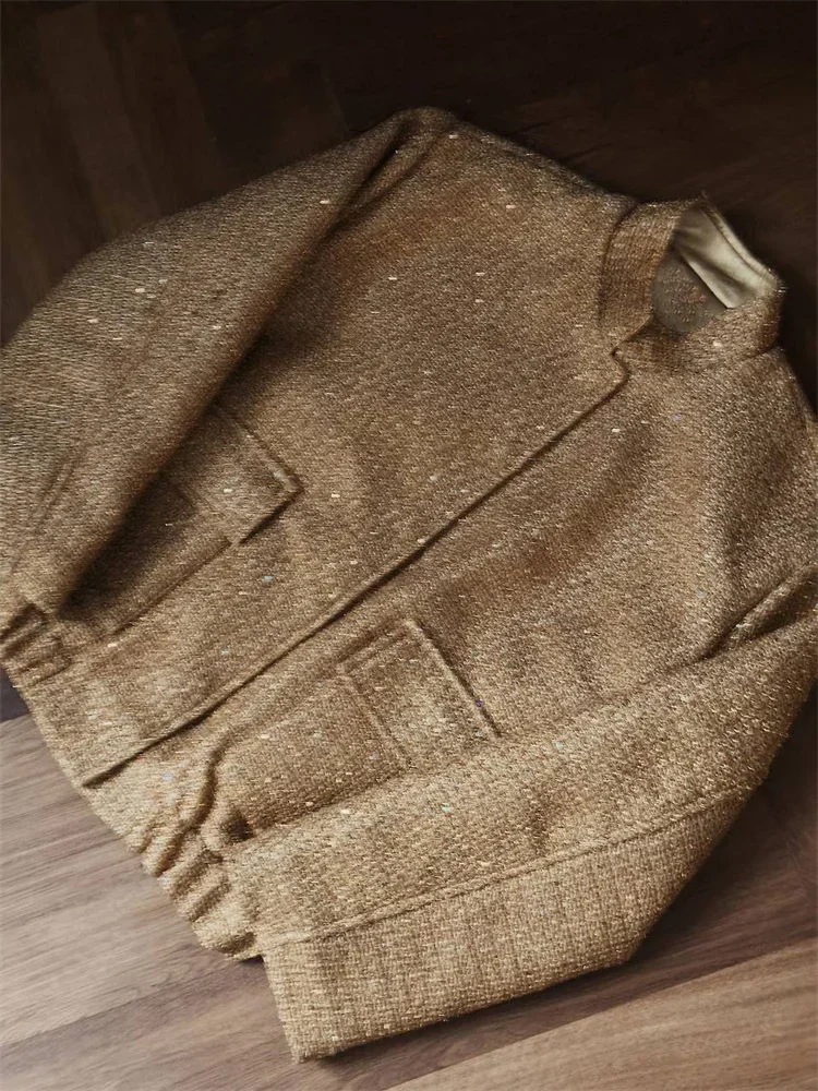 سترة نسائية عصرية بترتر أسود سترة نسائية فضفاضة مرقعة عالية الخصر وأكمام طويلة ملابس خروج معطف نسائي لامع متين جديد