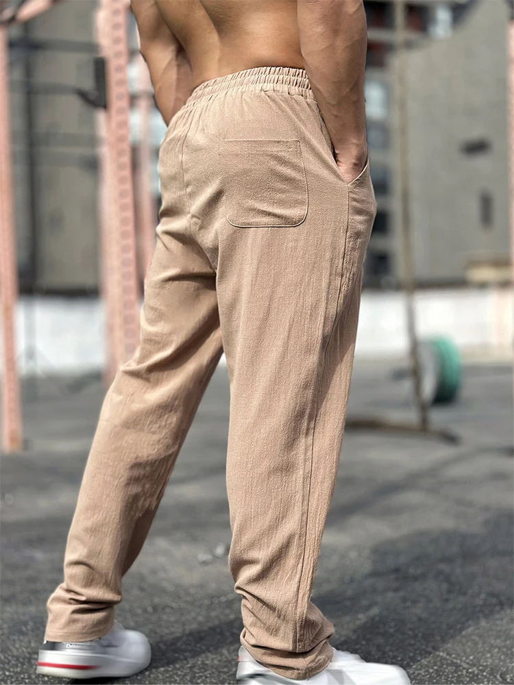 2024 Summer Mens Casual Pants Cotton Linen Solid Color Loose Drawstring Pants Streetwear Men Fashion Lace-up Straight Pants Male