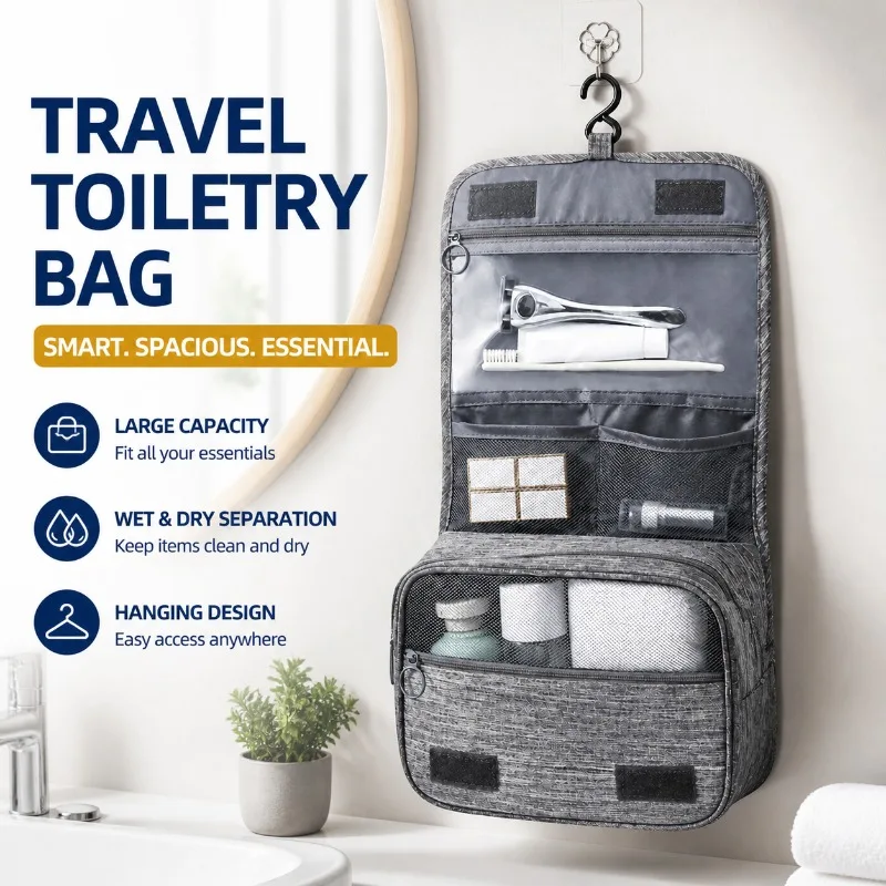 

Business Travel Large Capacity Cationic Fabric Toiletry Bag Portable Handheld Design Men Women Suspensible Wet Dry Storage Bag
