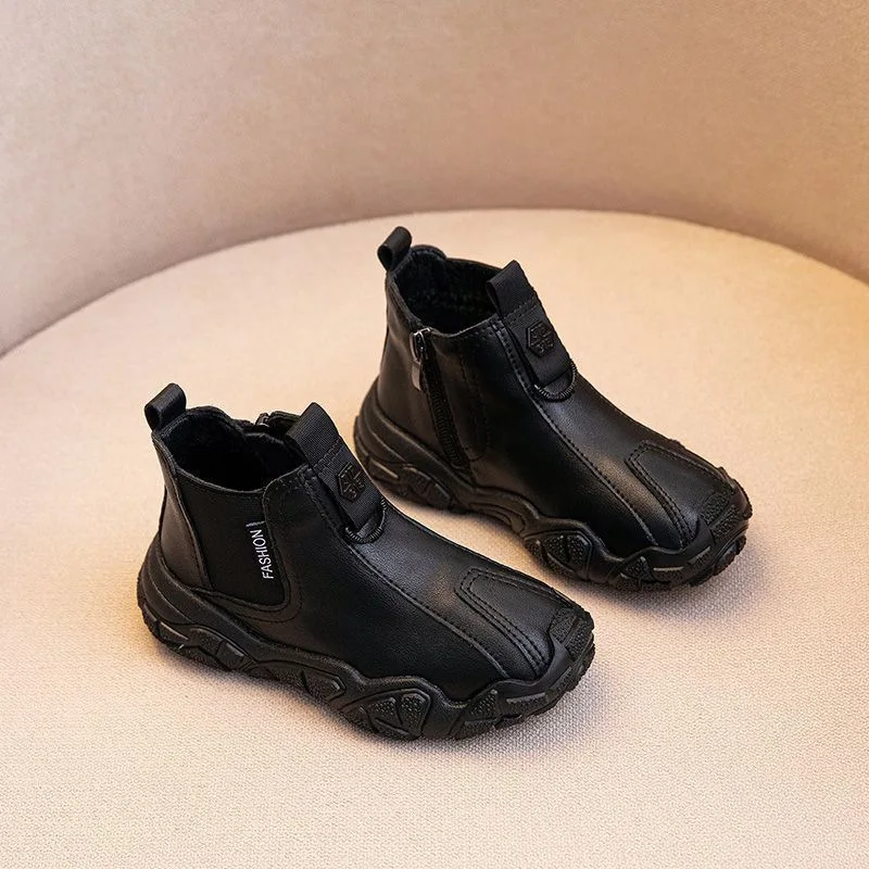 Picture 4: Boys Leather Boots 3-18 Years Old Black Padded Thickened Leather Kids Cotton Shoes Fall Winter Simple Hundred Children's Boots