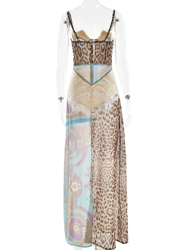 XIAOTANG Leopard Print Lace Split Sexy Maxi Dress Women Gown Elegant Patchwork Chiffon Sleeveless Backless Beach Evening Dress