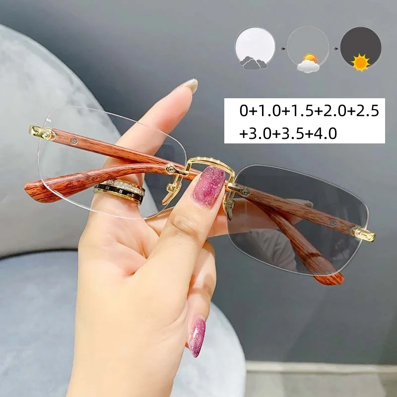 

Photo Sensitive Color Changing Frameless Glasses Finished Presbyopia Glasses Retro Anti Blue Light Far Sight Eyewear To +4.0