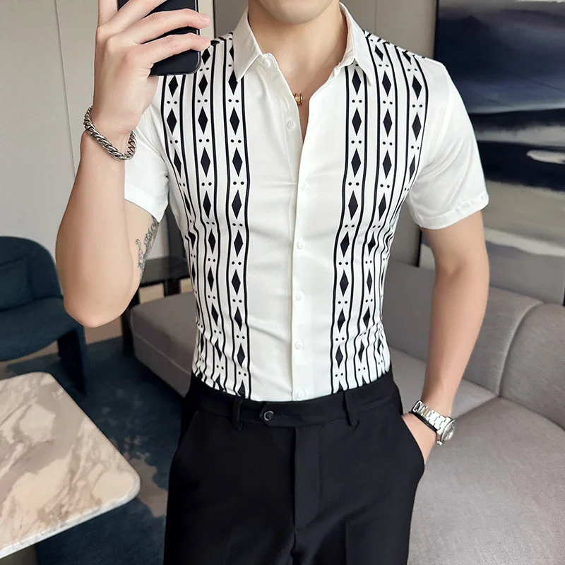 2023 Korean Fashion Short Sleeve Shirts Men Slim Fit Casual Shirts High Quality Striped Plaid Business Social Dress Shirts M-6XL