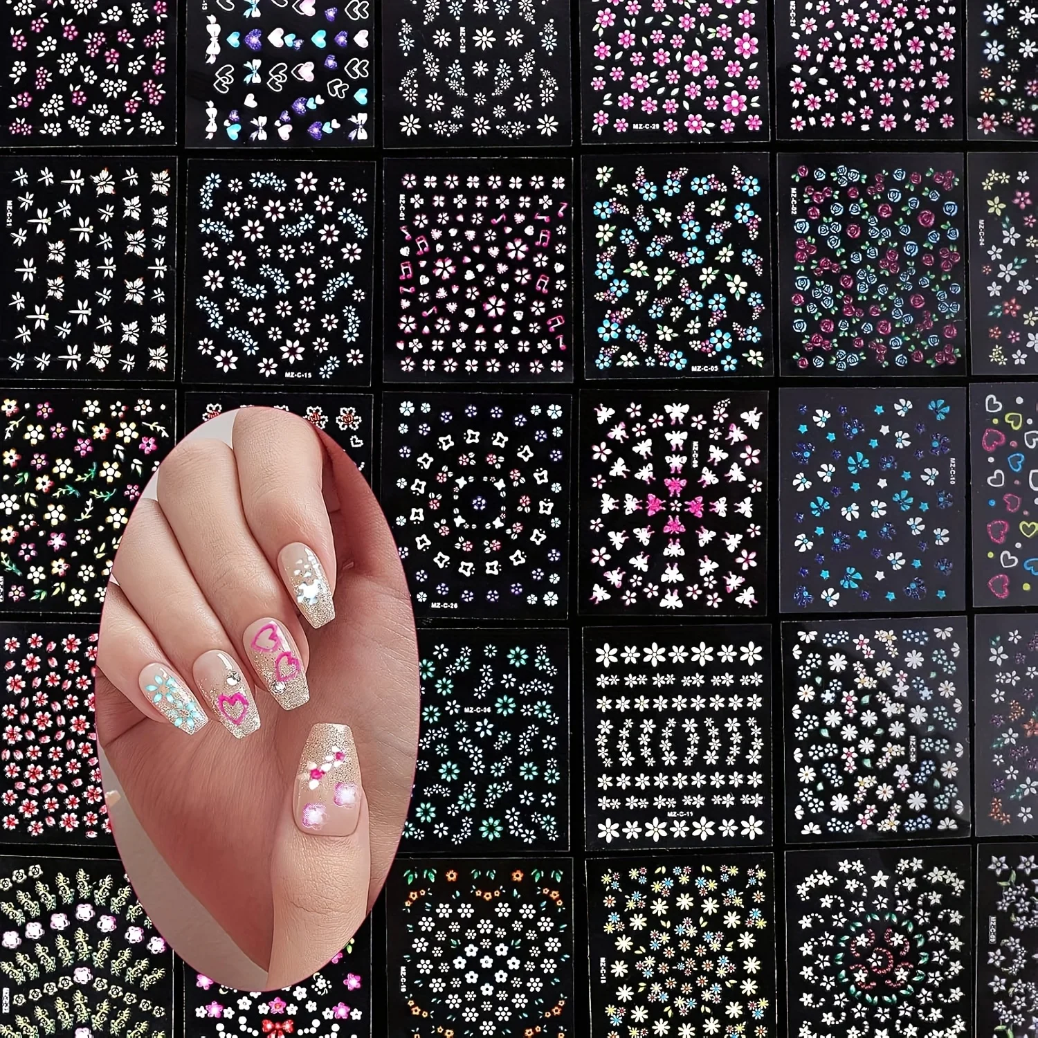 30 stuks (kies hoeveelheid) glanzende nagelstickers - zelfklevend, bloemen, pastel en felle kleuren - permanente decoratie voor nagels