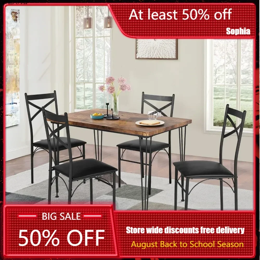 

Dining Table Set, Home Kitchen Small Space Breakfast, 4 Faux Leather Metal Frame Chairs, Dining Set for 4,Dining Table Set