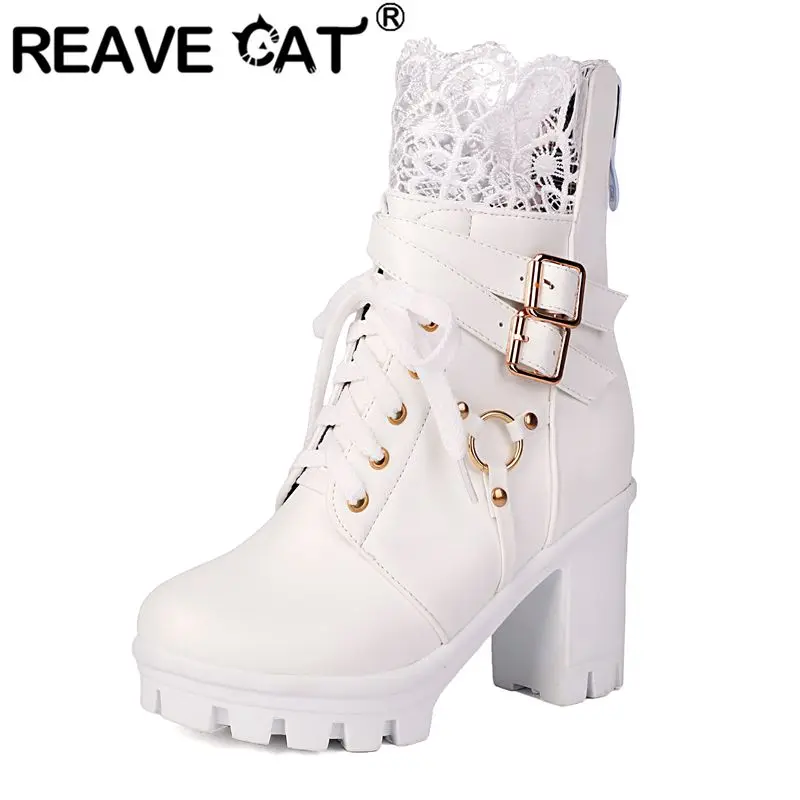 

REAVE CAT Pink Women Ankle Boots Round Toe 8.5cm Block Heel 2.6cm Platform Zipper Lace Up Belt Buckles Sweet Botas Big Size 44