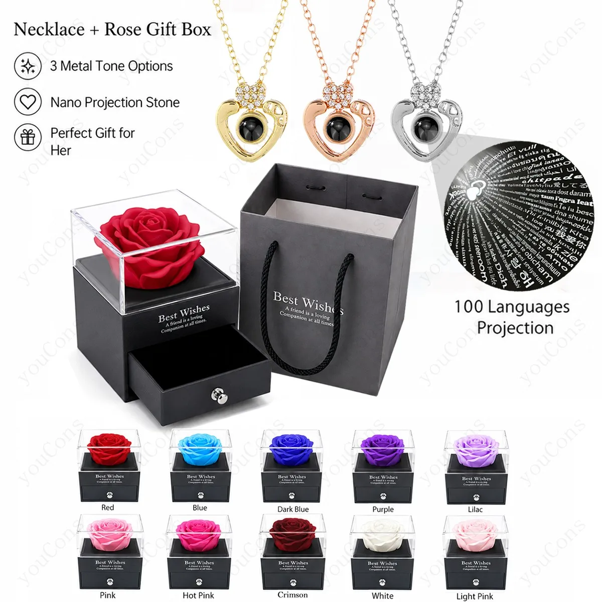 100 Languages I Love You Projection Necklace Heart Pendant With Multi Color Rose Gift Box Valentine's Day For Women Girlfriend