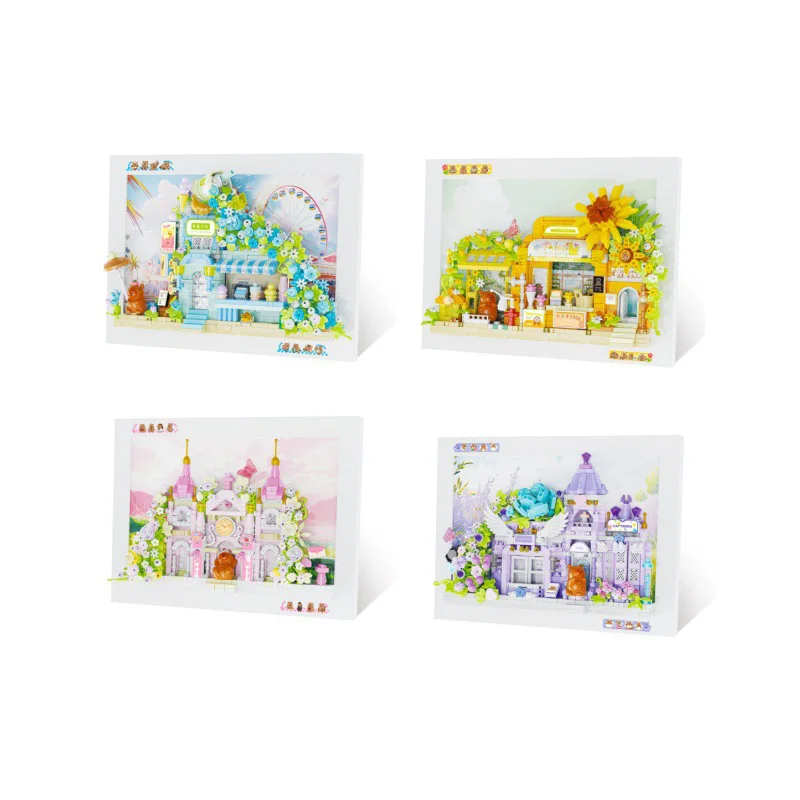 ชุดของเล่นตัวต่อแม่เหล็ก 3 มิติ ลายดอกไม้ โลกแห่งดอกไม้ บ้านปราสาทคาปิบาร่า การ์ตูนน่ารัก พร้อมกรอบรูปแม่เหล็ก ของขวัญสุดพิเศษ