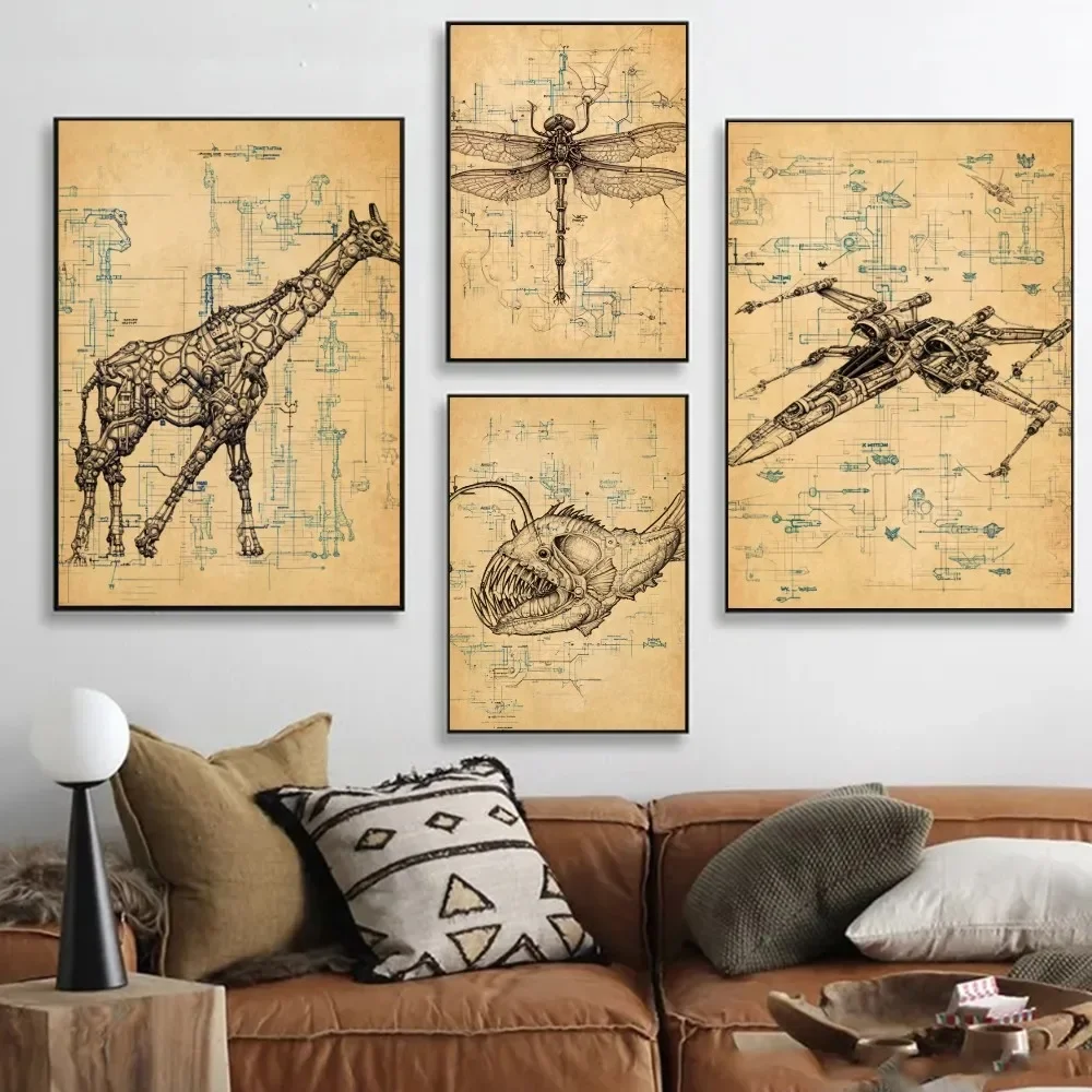 Retro Animal Mechanical Diagram Anatomy Piranha Butterfly Spider Retro Print Poster Paper Sticker Home Living Room Wall Decor