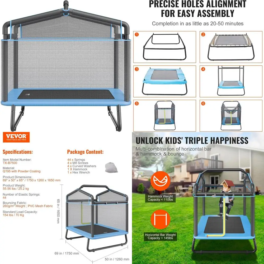 

6FT Trampoline 72" Indoor/Outdoor Trampoline, Mini Trampolines with Safety Enclosure Net, Gymnastics Bar, Hammock, Recreational