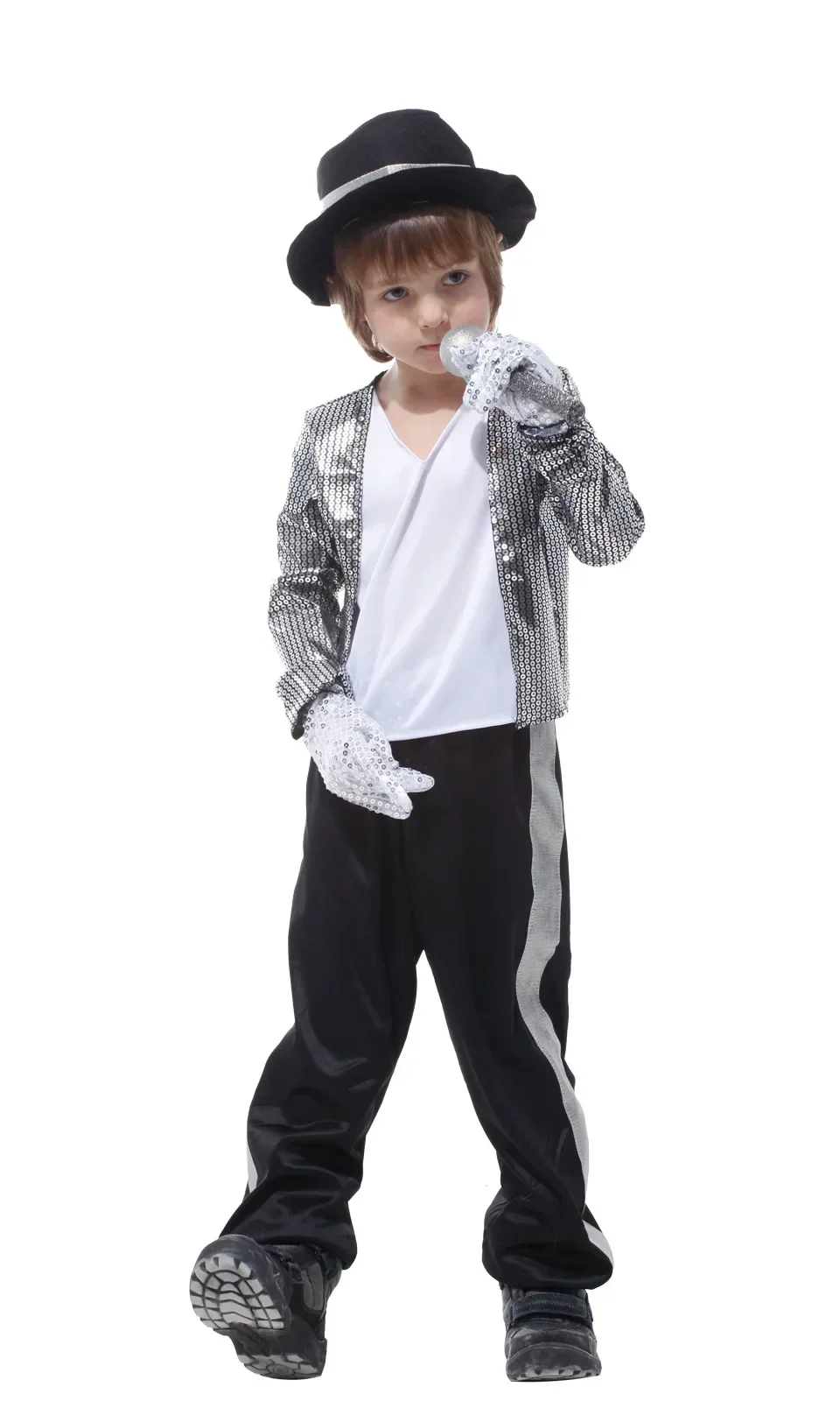 70er 80er Jahre Kinder Vintage Superstar Cosplay Outfit Paillettenjacke Gestreifte Hose Perücke Hut Handschuhe Bühnenshow Kostüm 12 Jahre – Detail 8