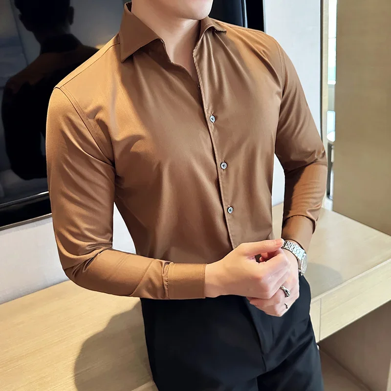 British Style V-neck Shirt for Men Temperament Long Sleeved Casual Business Dress Shirt Slim Fit Office Social Camisa Masculina