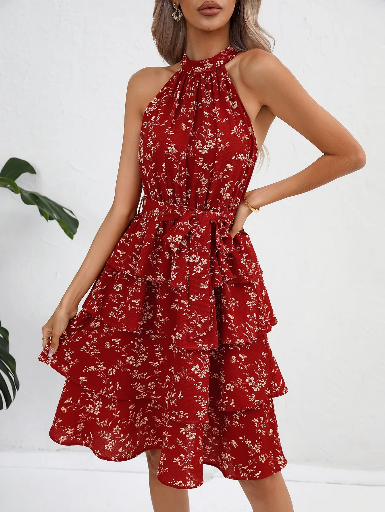 Robe Sexy rouge à volants, épaules dénudées, jupe gâteau sans bretelles, col licou, robe pour occasions spéciales pour femmes