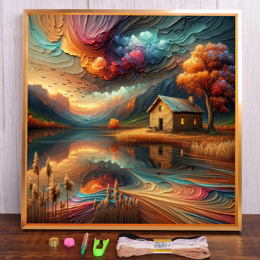 

Landscape House By Lake Pre-Printed 11CT Cross-Stitch Set Embroidery Sewing Painting Handmade Knitting Home Decor Needle Sales