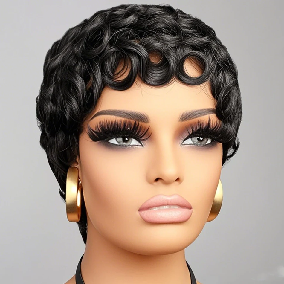짧은 픽시컷 가발, 루즈 컬리 웨이브 레이어드 버진 브라질리언 레미 인모 가발, 앞머리 포함, 여성용 풀 머신 메이드 가발