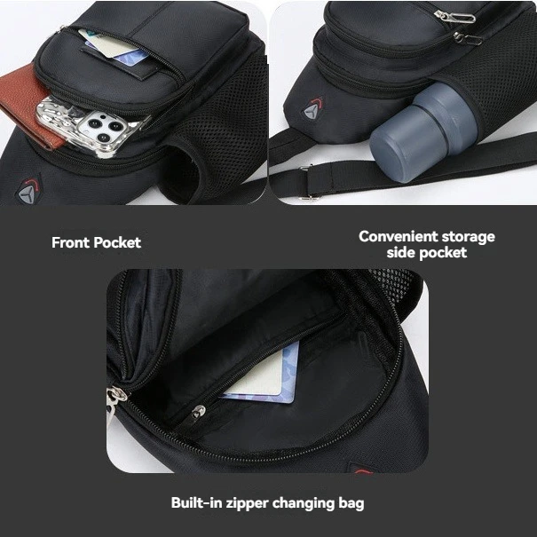 Men's Casual Chest Bag with Multiple Pockets, Water Bottle Holder, Headphone Hole, Crossbody Bag, Outdoor Commuting Single-Shoulder Handbag, Three-Use Oxford Cloth Backpack