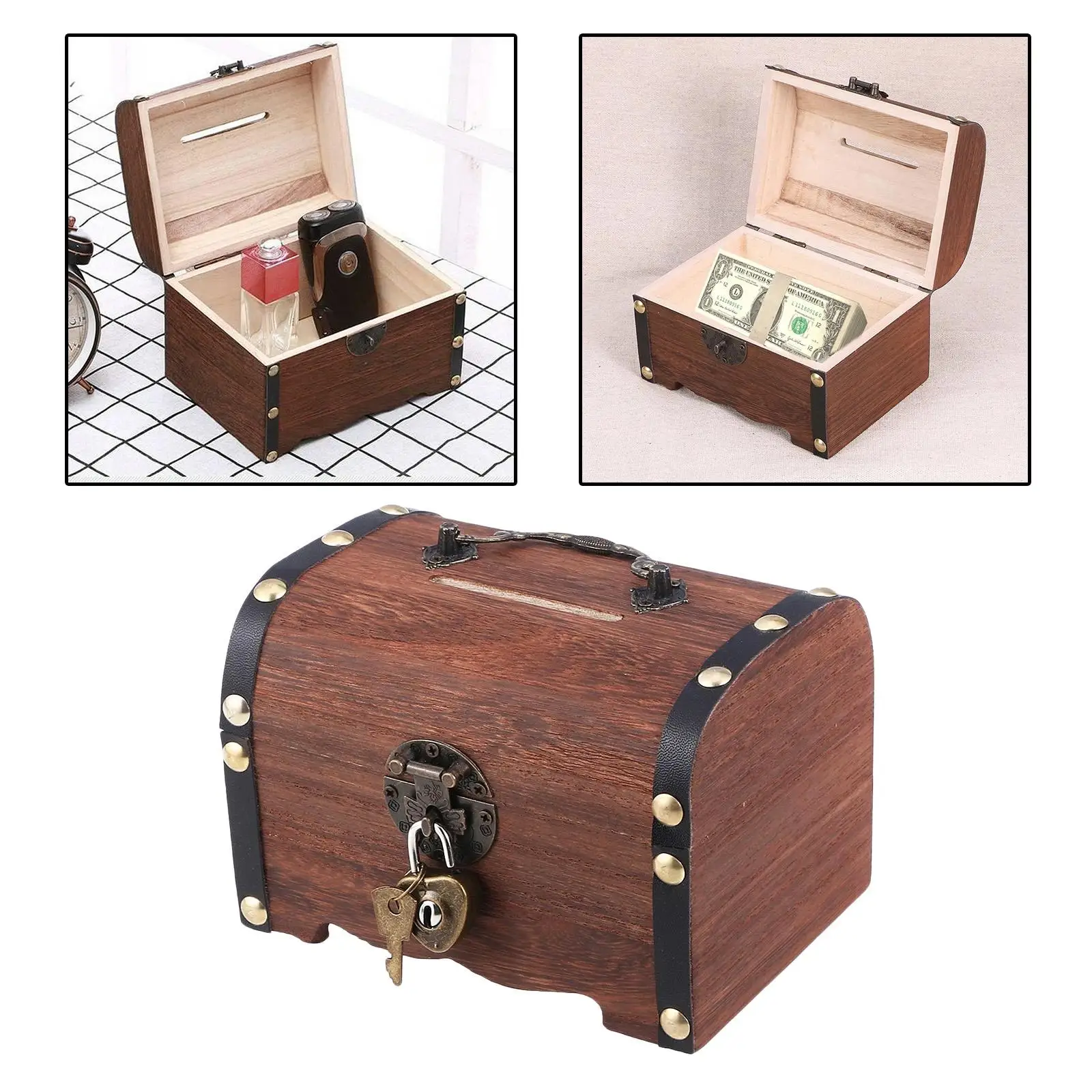 Wooden Treasure Chest Retro Coin Hobby Storage Box Desk Case Piggy