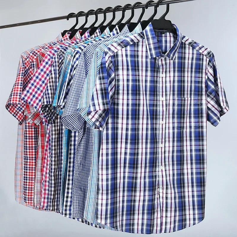 SHAN BAO Large Size Loose Cotton Short Sleeve Shirt 2022 Summer Classic Brand Men\'s Plaid Shirt Red Blue 5XL 6XL 7XL 8XL 10XL