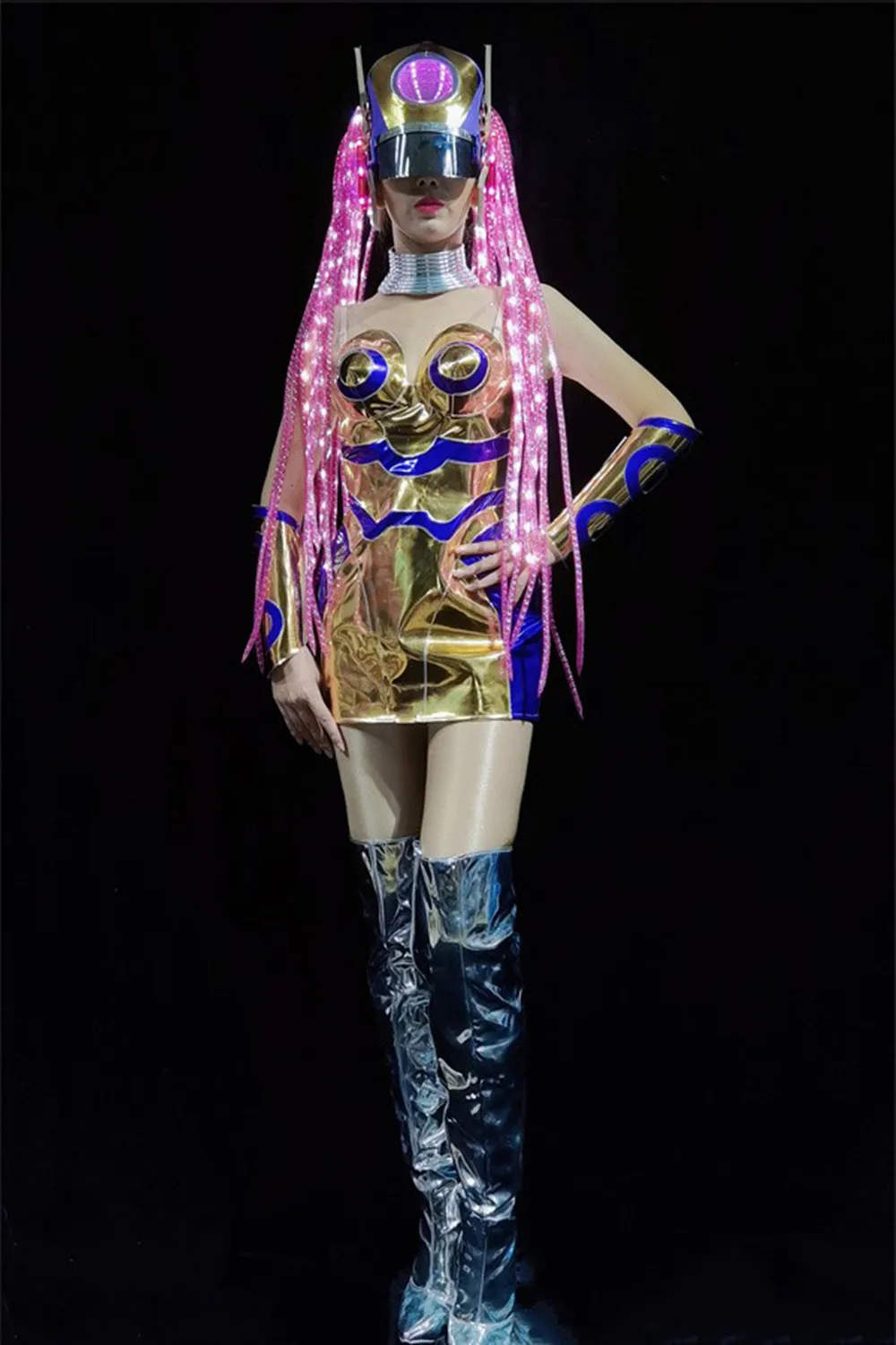 Technologie Sense LED chapeaux Punk or robe à épaules dénudées discothèque Gogo danse vêtements Drag Queen Costume Rave tenue yj414