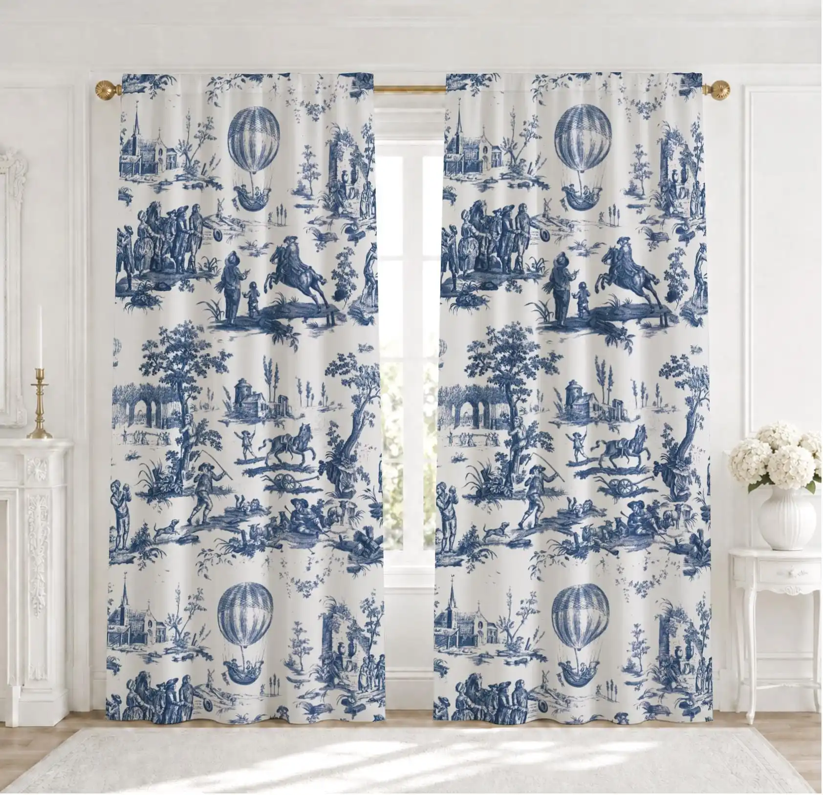 Vintage Blue and White Hot Air Balloon Parisian Scene Print Curtains for Living Room Home Decor