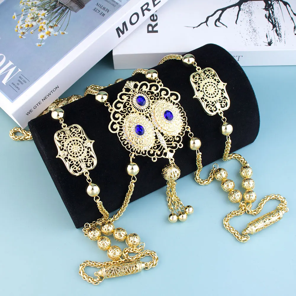 Sunspicems Chique Marokkaanse Bruid Lichaamsjuwelen Algeria Vrouwen Rug Schouderketting Goudkleur Arabische Bruiloft Sieraden Lange Ketting